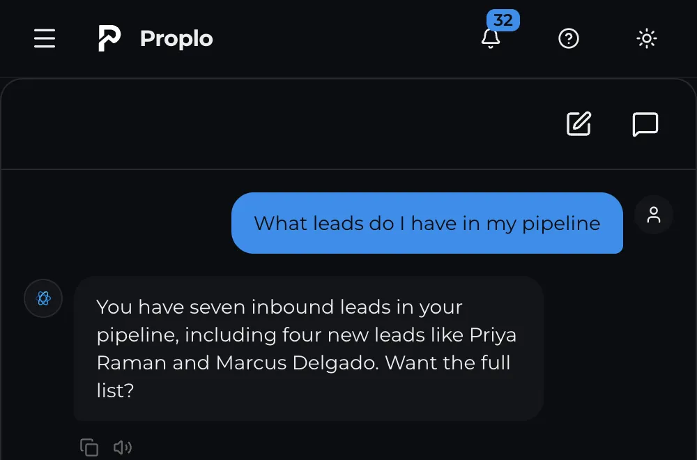 The Proplo AI copilot on a phone, answering the same pipeline question in a native-feeling chat interface.