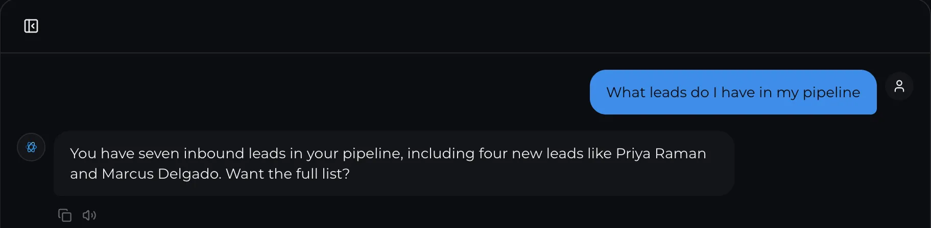 The Proplo AI copilot answering 'What leads do I have in my pipeline' with a real count and names pulled from the agent's pipeline.