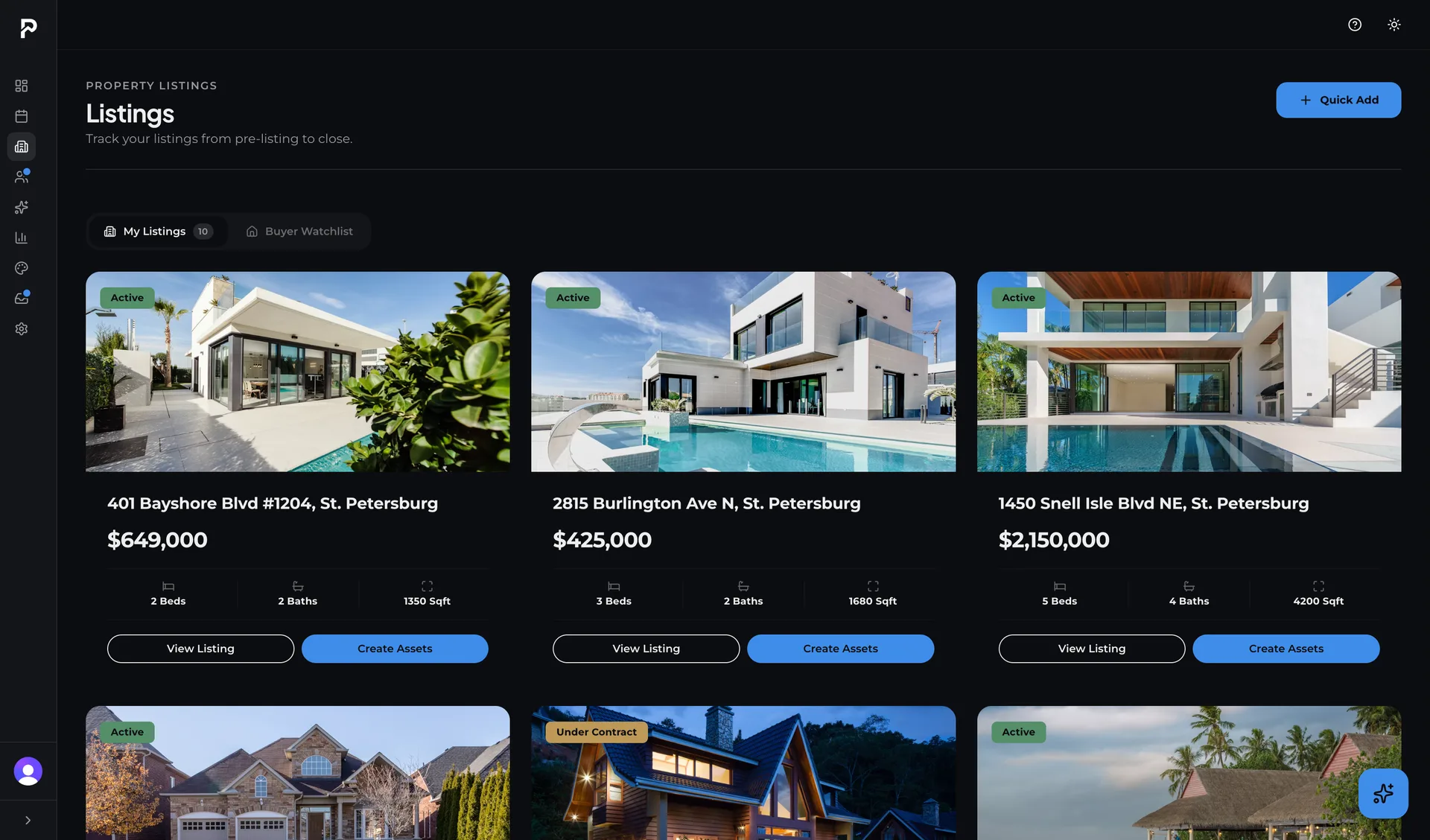 The Proplo listings screen showing a grid of active property listings with photos, prices, and status.