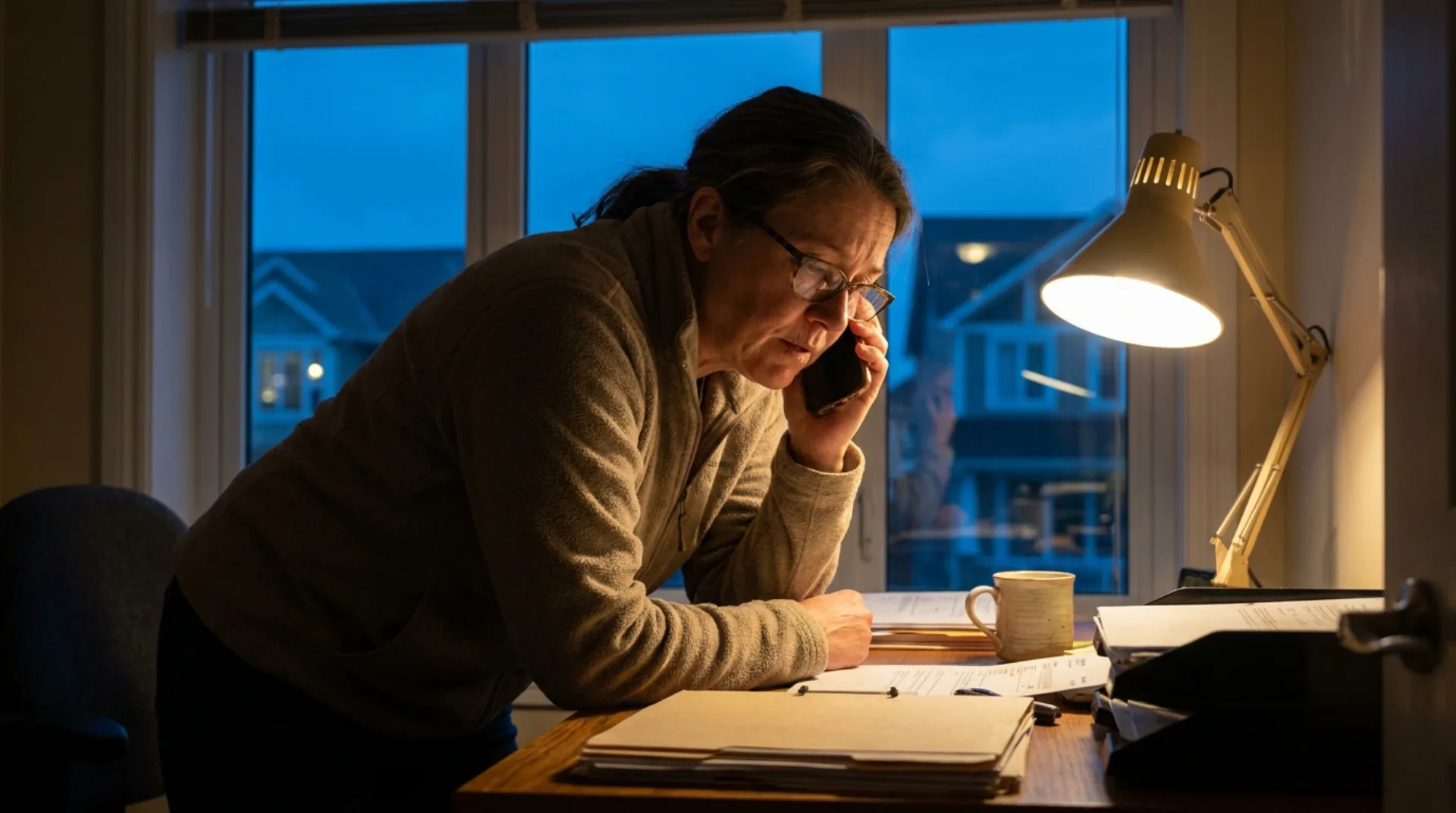 A real estate agent working late, the day still not done.