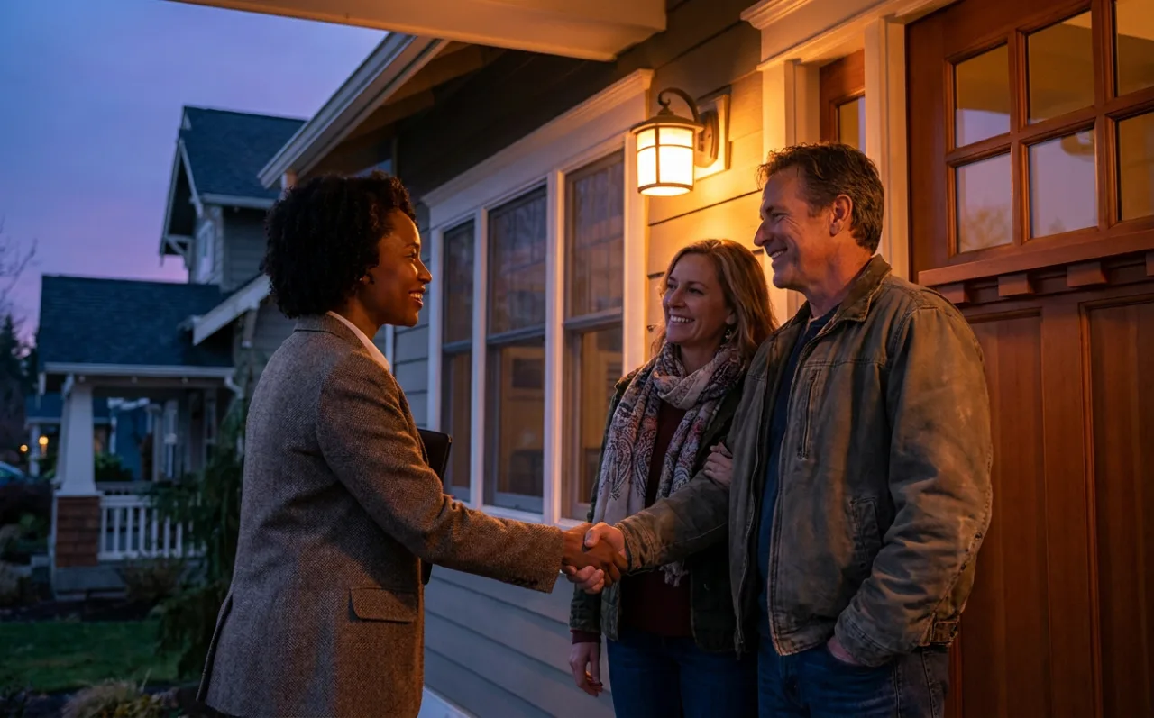 A realtor and a client outside a home at dusk, the relationship at the center of the work.