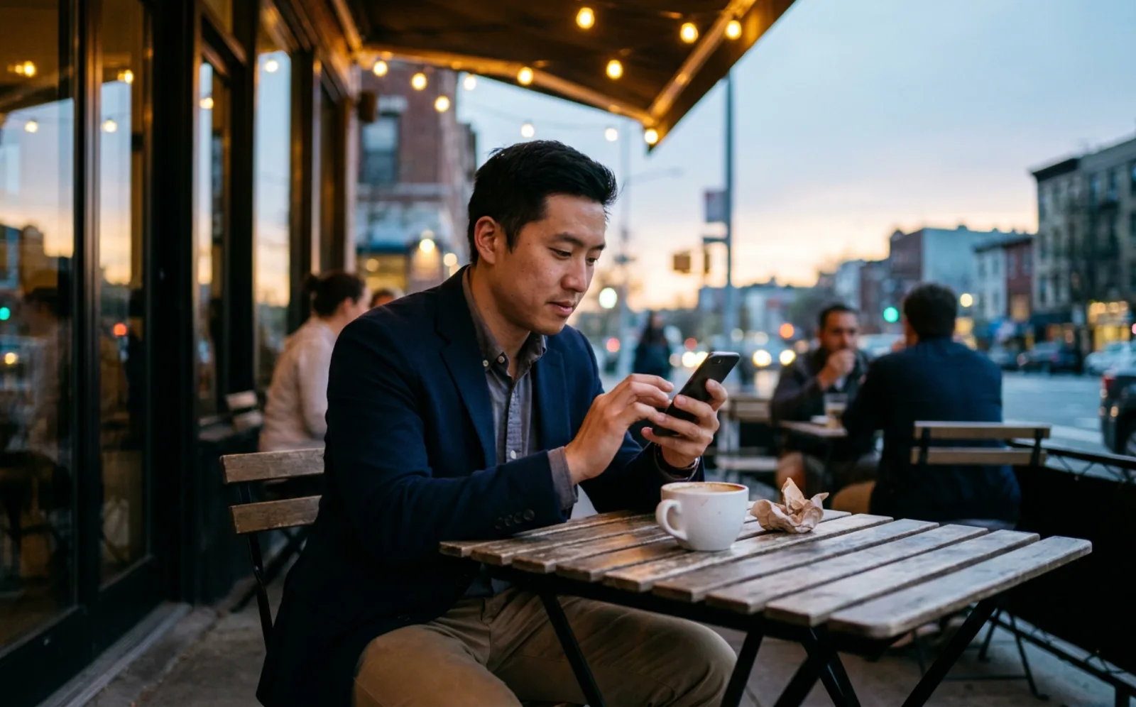 A real estate agent at an outdoor cafe table thumbing a quick reply on their phone at early evening.