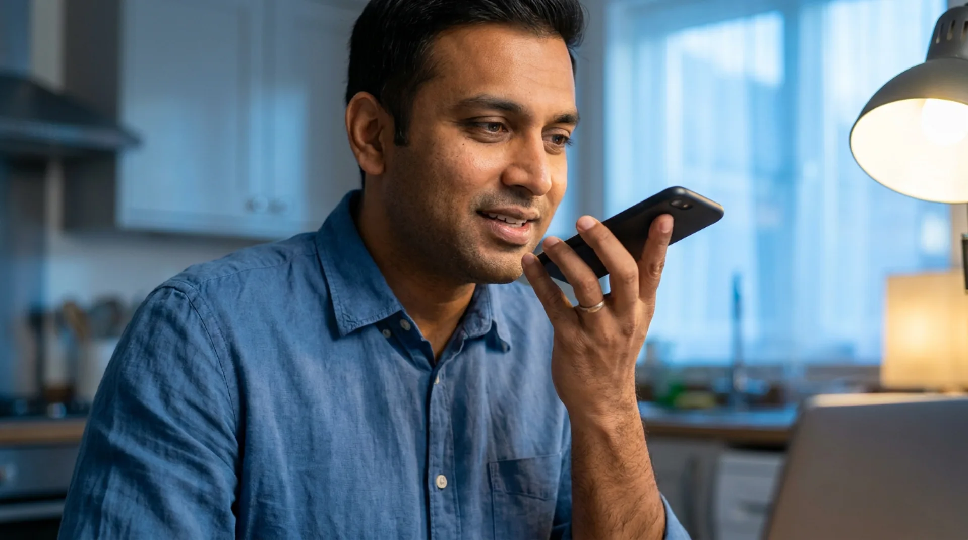 A real estate agent holding a phone close to their face, speaking to it, in a home office at early evening.