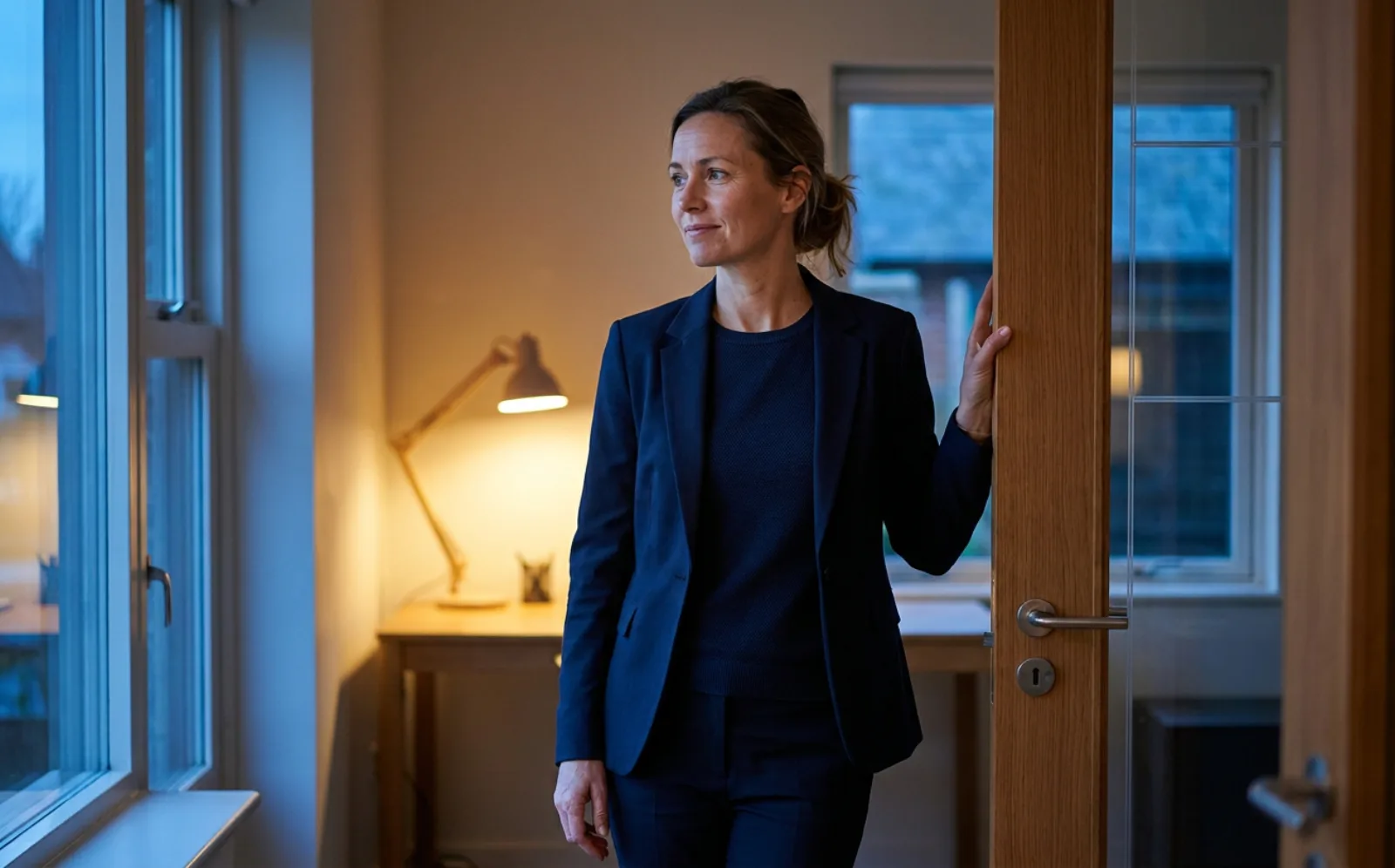 An agent standing in a doorway at dusk, warm lamp light behind her, done for the day.