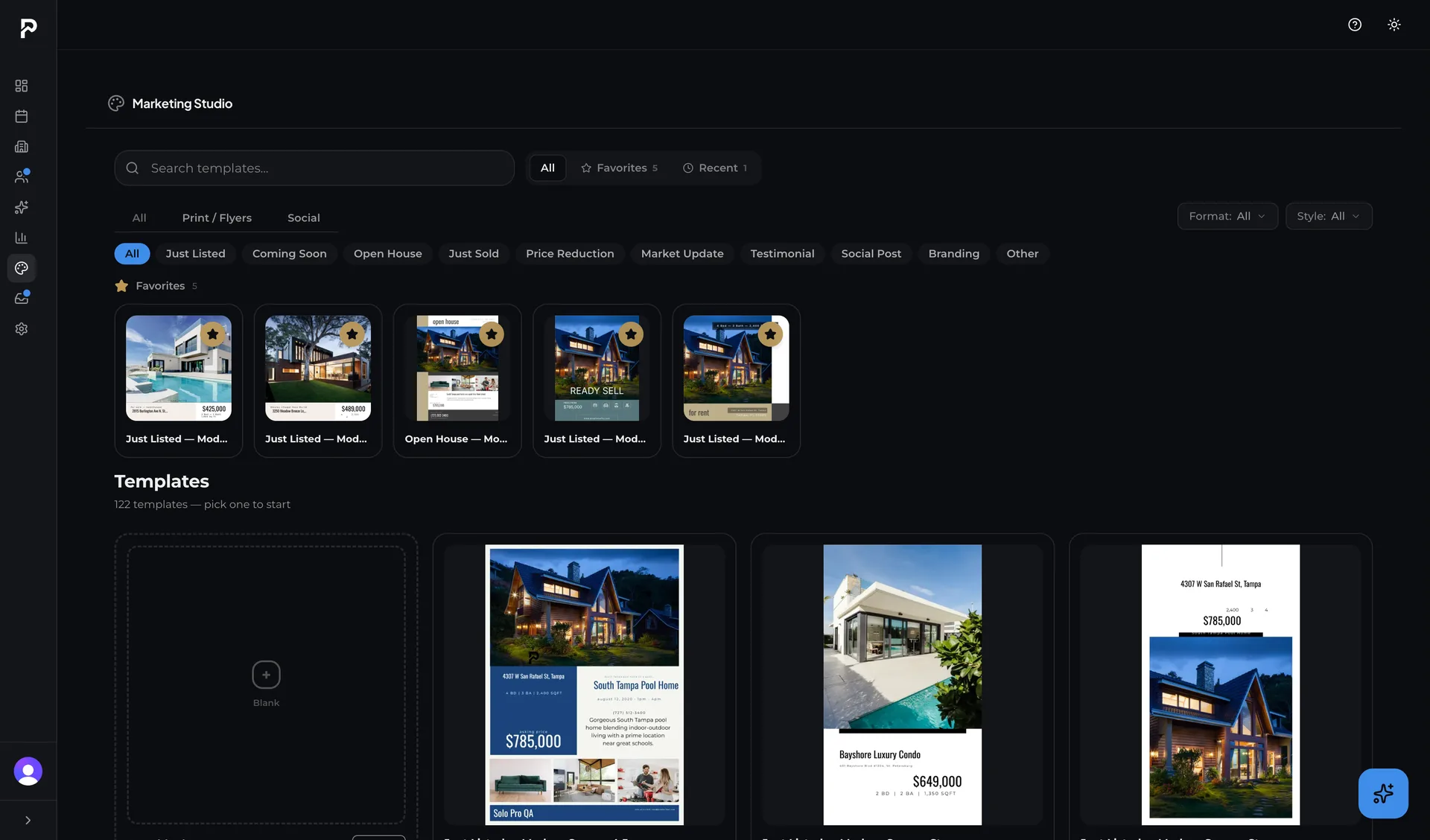 The Marketing Studio template library in Proplo, with favorites and 122 templates filtered by Just Listed, Open House, and more.