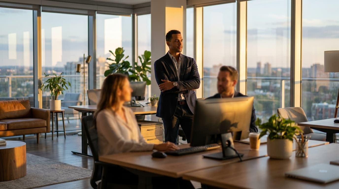 A brokerage owner standing in a modern open office, agents working behind them.
