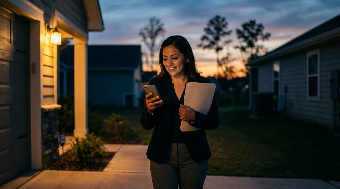 A Latina real estate agent walking between two properties at dusk, phone in hand.