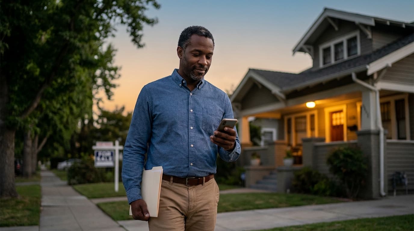 A real estate agent leaving a showing at dusk, phone to ear, the home glowing warmly behind them.