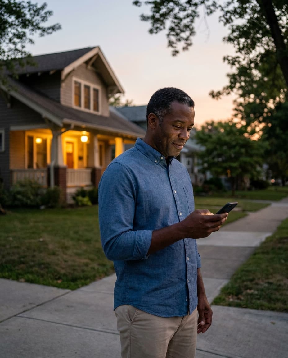 A real estate agent leaving a showing at dusk, phone to ear, the home glowing warmly behind them.
