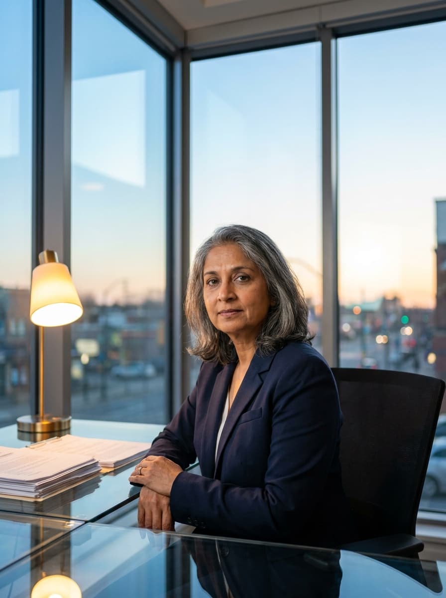 A brokerage owner standing in a brick-and-mortar office, warm evening light through the window.