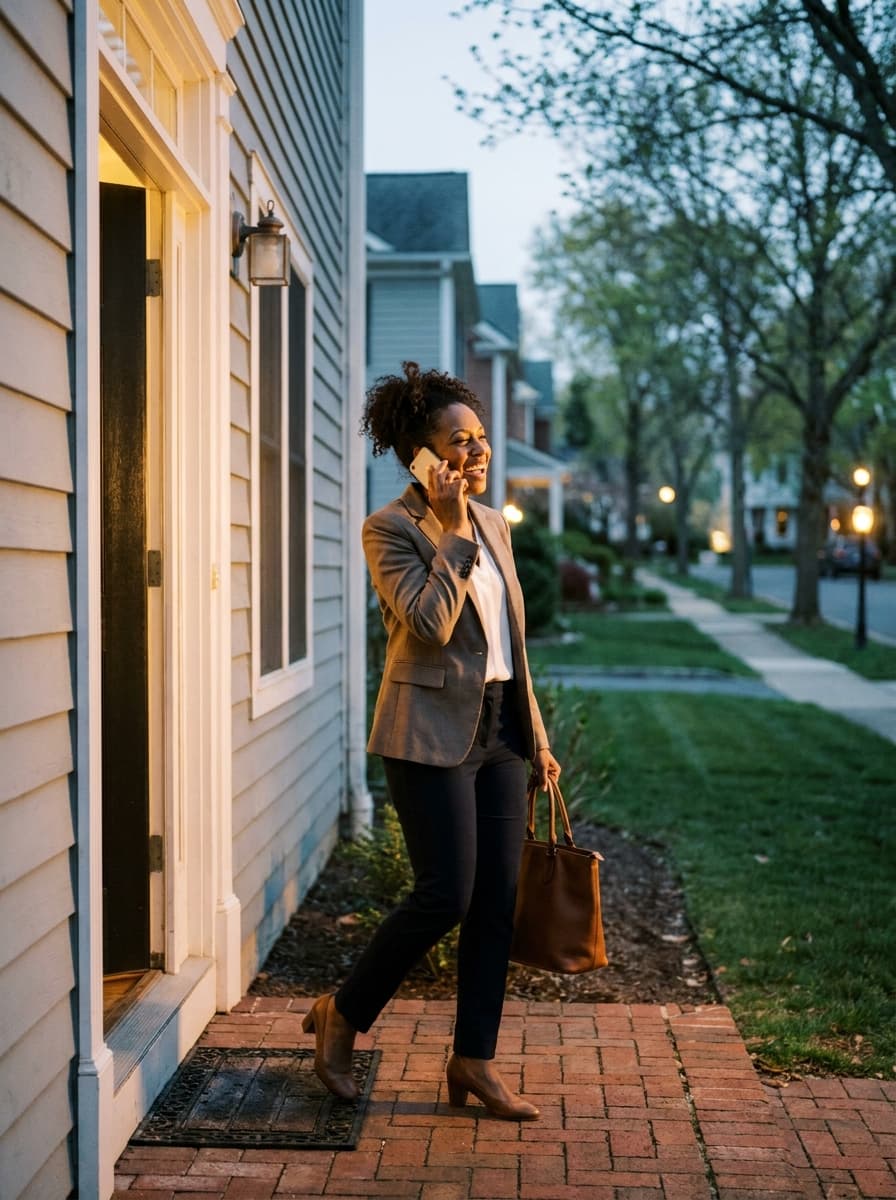 An energetic solo agent walking out of a suburban home, on the phone, at blue hour.