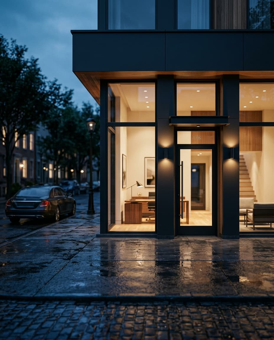 An independent brokerage office storefront glowing at blue hour.