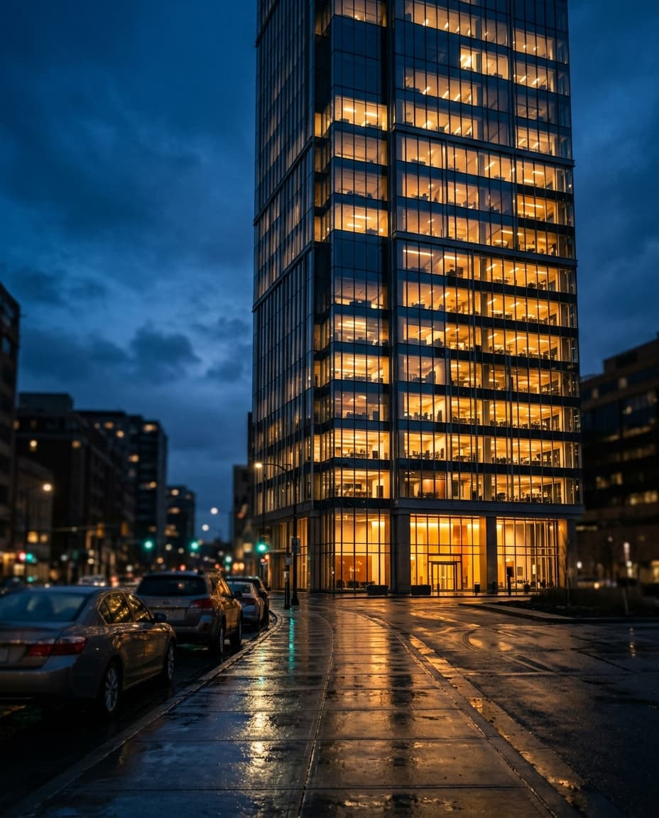 A high-rise corporate real estate office building at blue hour, warm interior lighting through floor-to-ceiling windows.