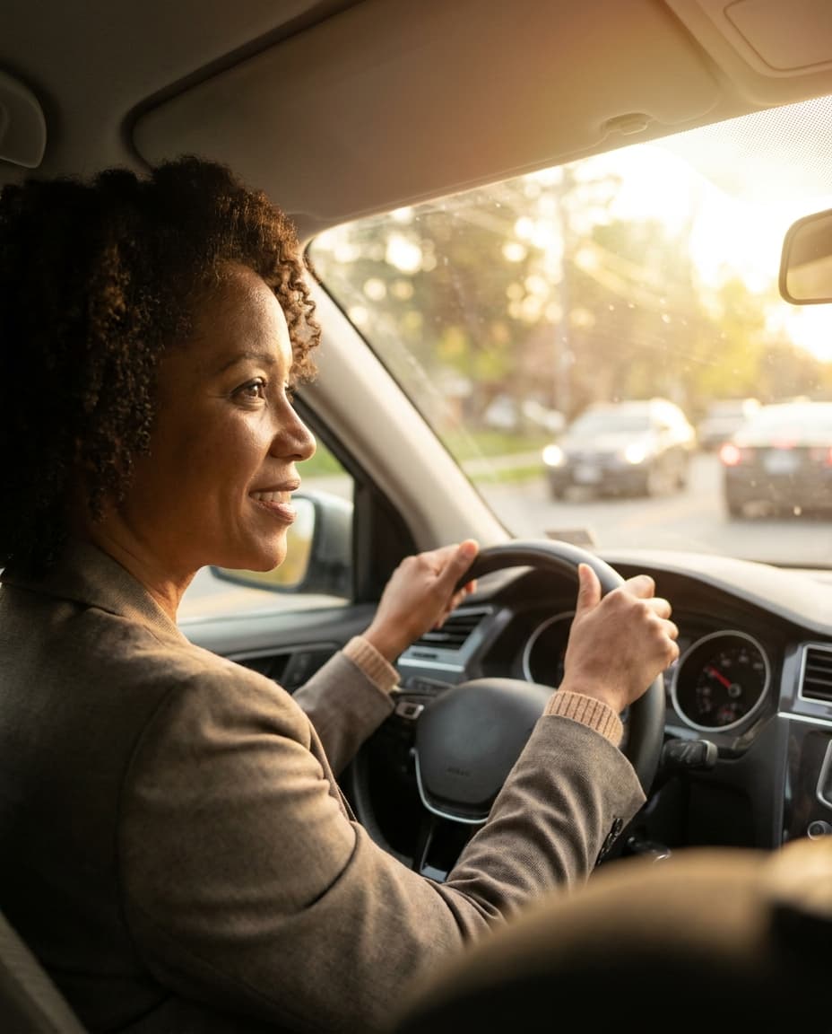 A relaxed agent driving home in warm evening light, done for the day.