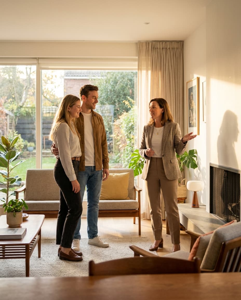 A real estate agent talking with a couple during a home showing, a bright staged living room behind them.