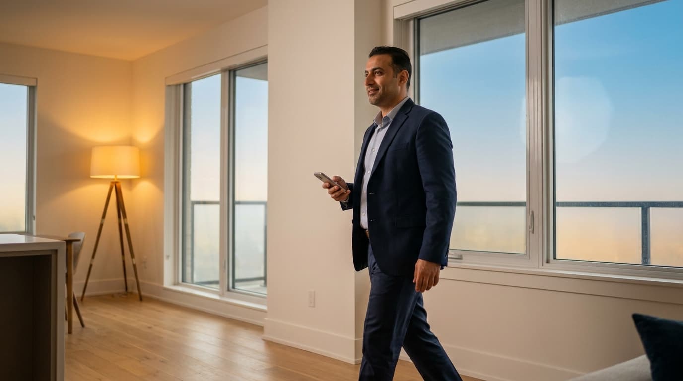 A solo real estate agent walking through a bright open-plan home interior mid-tour.