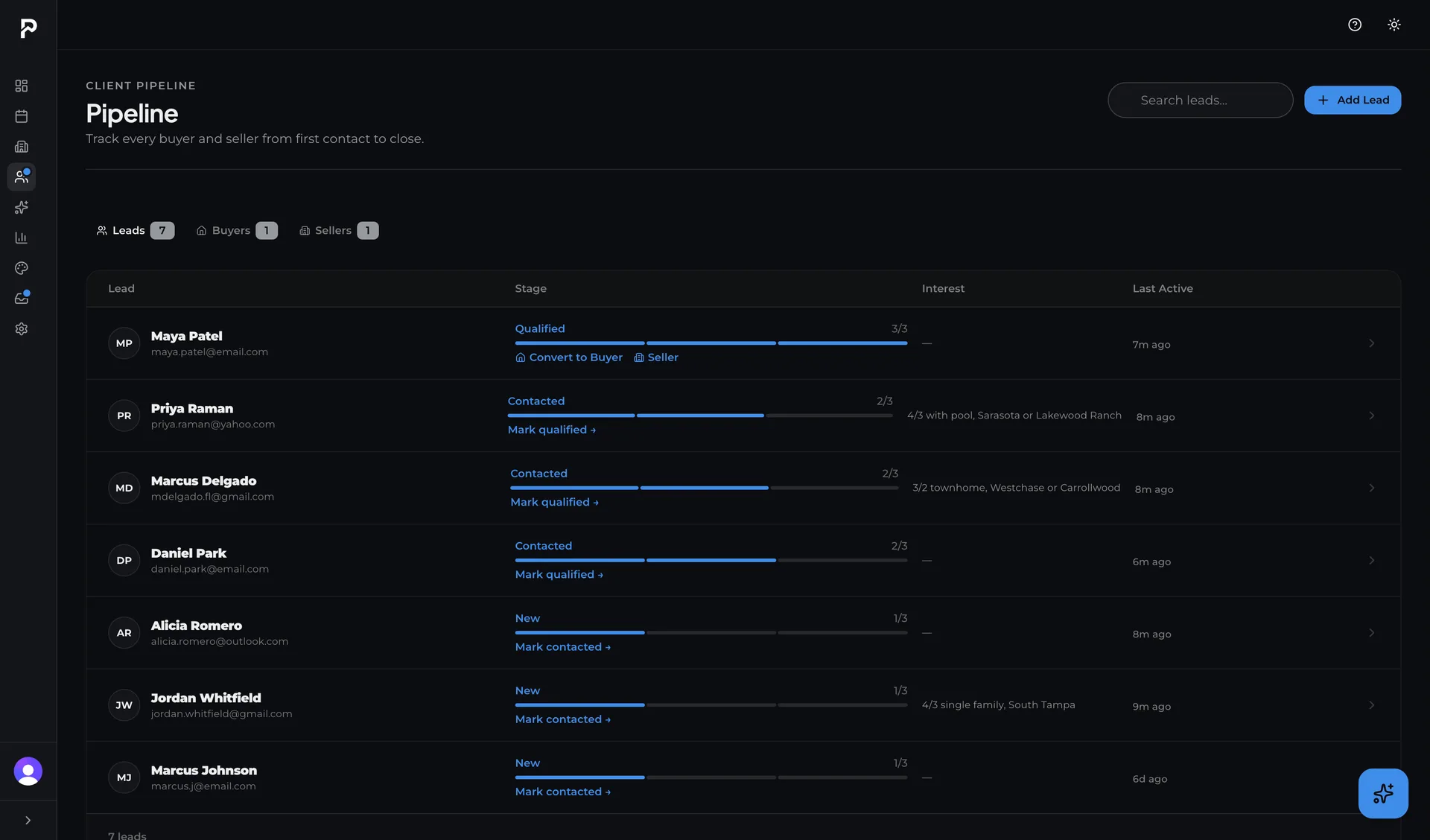 The Proplo pipeline screen listing seven leads with stages from New to Qualified, one-click stage actions, and recent activity for each.