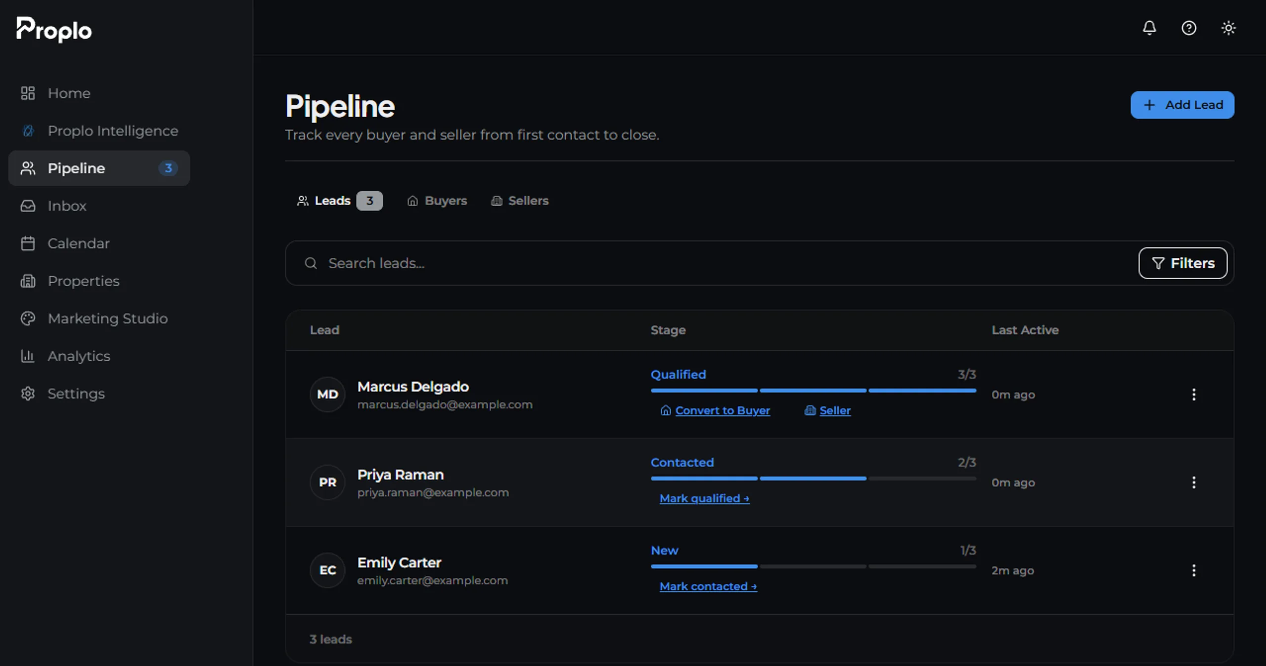 The Proplo pipeline screen listing three leads at different stages, Qualified, Contacted, and New, each with a one-click action to advance it and a last-active timestamp.