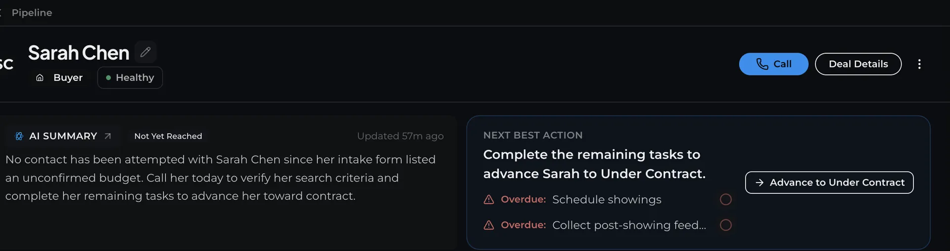 A Proplo lead detail screen with an AI-generated summary and a next-best-action panel flagging two overdue tasks.