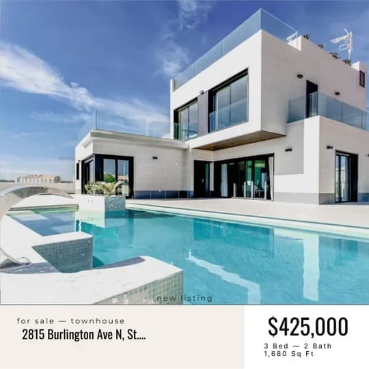 Just Listed social post for 2815 Burlington Ave, auto-filled with the listing photo, $425,000 price, and specs.