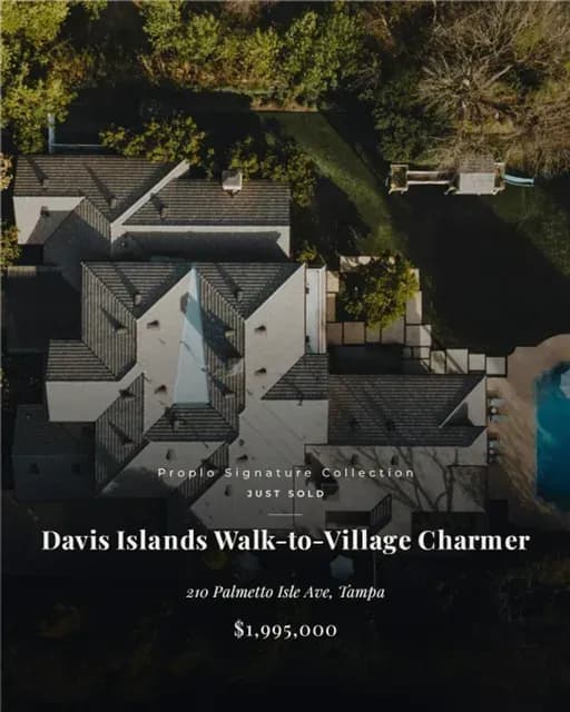 Just Sold social post for a Davis Islands walk-to-village home, $1,995,000, with an aerial listing photo.