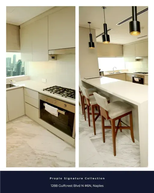 Listing showcase post for a Naples condo, side-by-side kitchen photos with a city view.