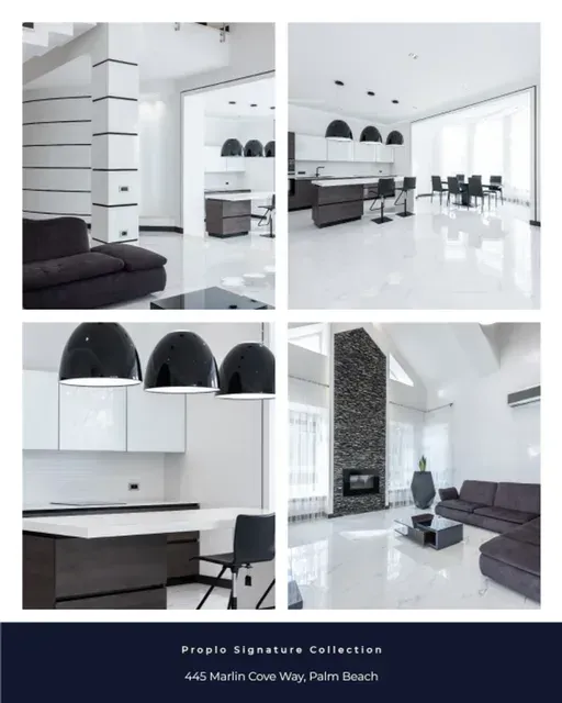 Listing showcase post for a Palm Beach home, a four-photo grid of the kitchen and living spaces.