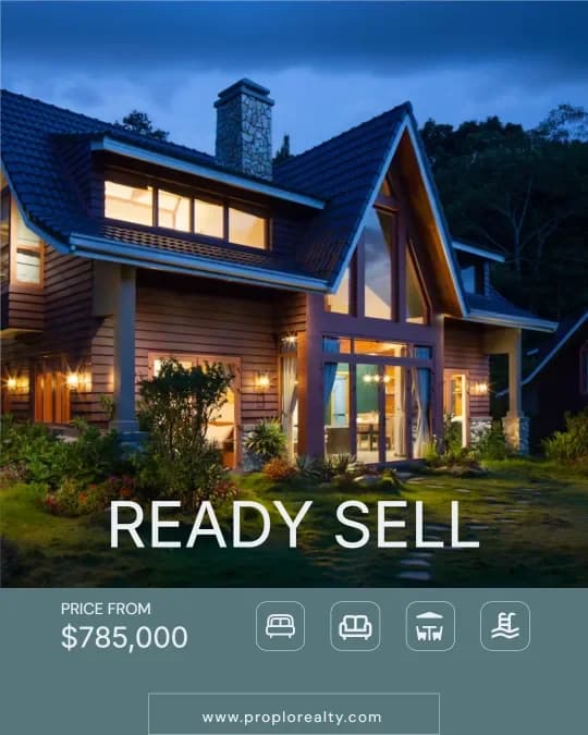 Listing marketing post with a dusk exterior and price, ready to publish from the design studio.