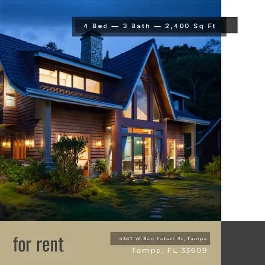 For Rent social post for 4307 W San Rafael St, Tampa, auto-filled with photo, beds, baths, and square footage.