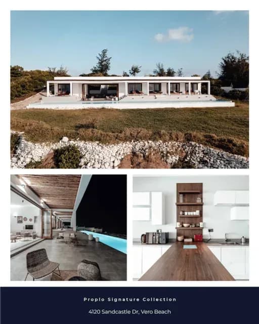 Listing showcase post for a Vero Beach property, an aerial hero photo with pool and kitchen details.