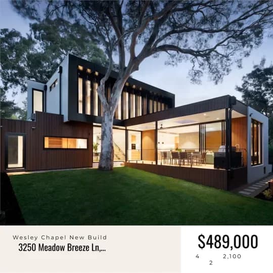 Just Listed social post for a Wesley Chapel new build at $489,000, generated from the listing.